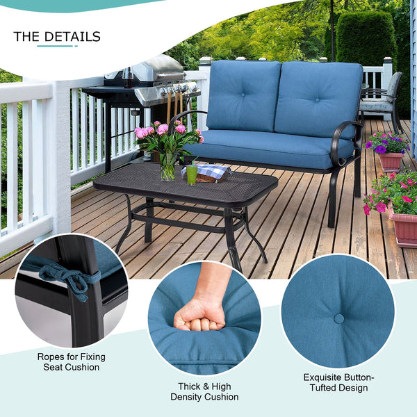 We present you this 2 pieces furniture set  comprising of a loveseat with cushions and a coffee table. Â  Seat yourself comfortably on the cotton cushion and have a great time! It's stable  durable and bears high load. It's an excellent pick wherever you'
