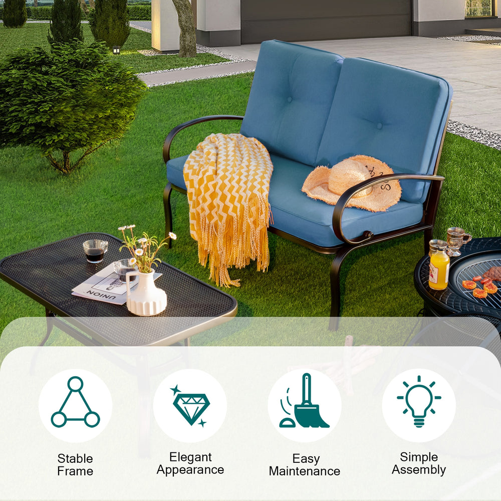 We present you this 2 pieces furniture set  comprising of a loveseat with cushions and a coffee table. Â  Seat yourself comfortably on the cotton cushion and have a great time! It's stable  durable and bears high load. It's an excellent pick wherever you'