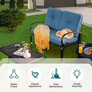 We present you this 2 pieces furniture set  comprising of a loveseat with cushions and a coffee table. Â  Seat yourself comfortably on the cotton cushion and have a great time! It's stable  durable and bears high load. It's an excellent pick wherever you'