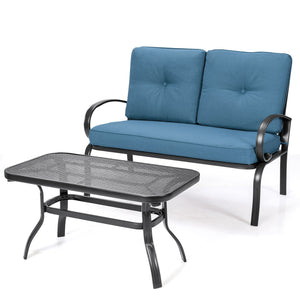 We present you this 2 pieces furniture set  comprising of a loveseat with cushions and a coffee table. Â  Seat yourself comfortably on the cotton cushion and have a great time! It's stable  durable and bears high load. It's an excellent pick wherever you'