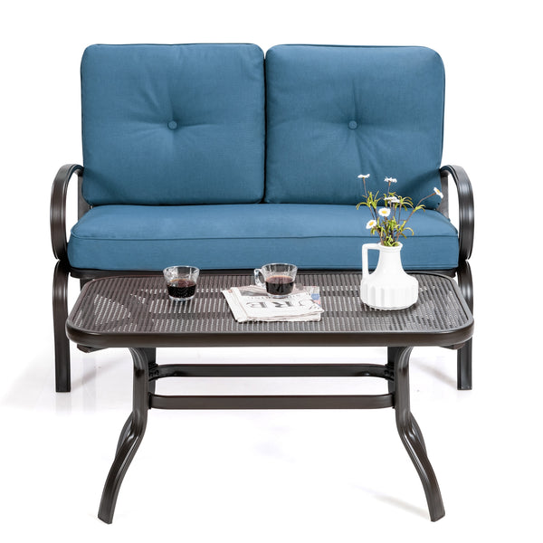 We present you this 2 pieces furniture set  comprising of a loveseat with cushions and a coffee table. Â  Seat yourself comfortably on the cotton cushion and have a great time! It's stable  durable and bears high load. It's an excellent pick wherever you'