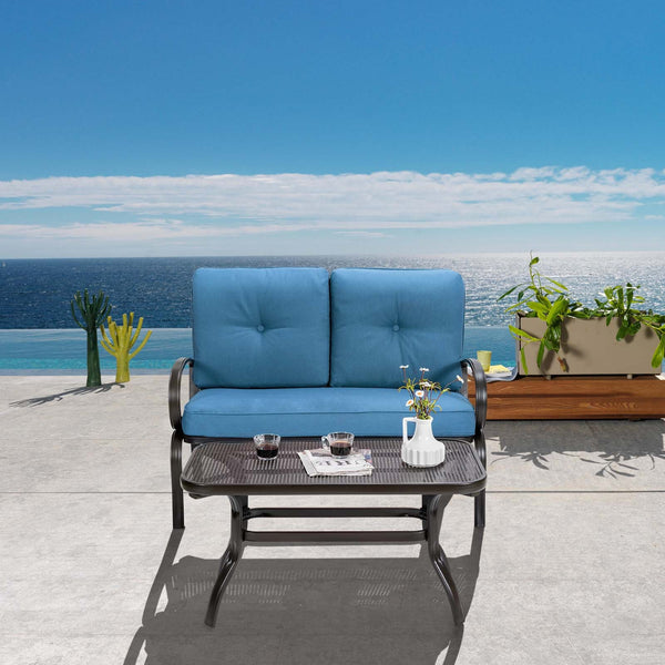 We present you this 2 pieces furniture set  comprising of a loveseat with cushions and a coffee table. Â  Seat yourself comfortably on the cotton cushion and have a great time! It's stable  durable and bears high load. It's an excellent pick wherever you'