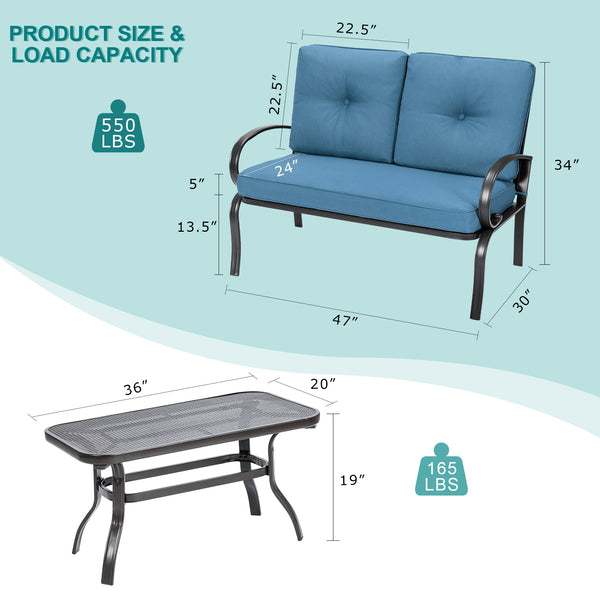 We present you this 2 pieces furniture set  comprising of a loveseat with cushions and a coffee table. Â  Seat yourself comfortably on the cotton cushion and have a great time! It's stable  durable and bears high load. It's an excellent pick wherever you'