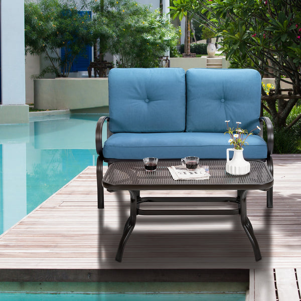 We present you this 2 pieces furniture set  comprising of a loveseat with cushions and a coffee table. Â  Seat yourself comfortably on the cotton cushion and have a great time! It's stable  durable and bears high load. It's an excellent pick wherever you'