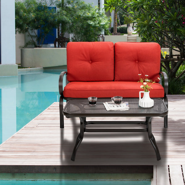 We present you this 2 pieces furniture set  comprising of a loveseat with cushions and a coffee table. Â  Seat yourself comfortably on the cotton cushion and have a great time! It's stable  durable and bears high load. It's an excellent pick wherever you'