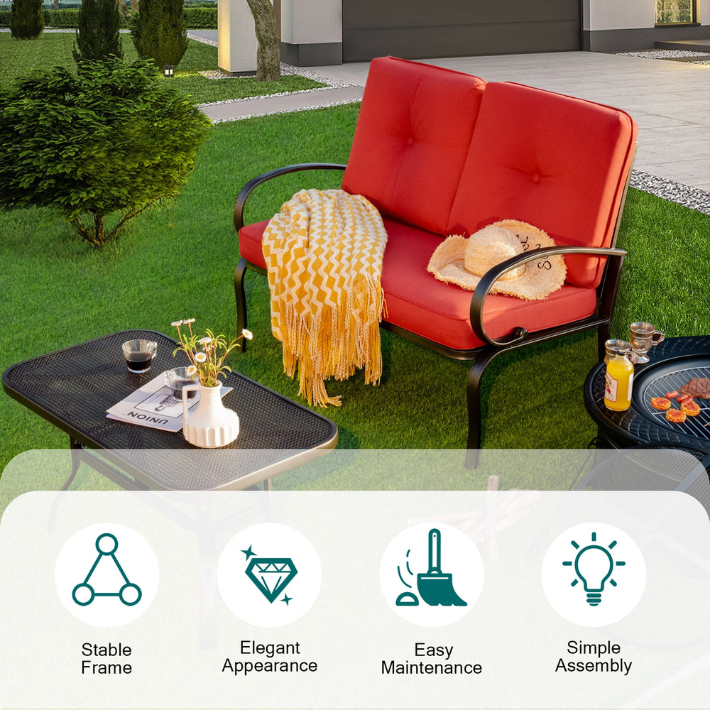 We present you this 2 pieces furniture set  comprising of a loveseat with cushions and a coffee table. Â  Seat yourself comfortably on the cotton cushion and have a great time! It's stable  durable and bears high load. It's an excellent pick wherever you'