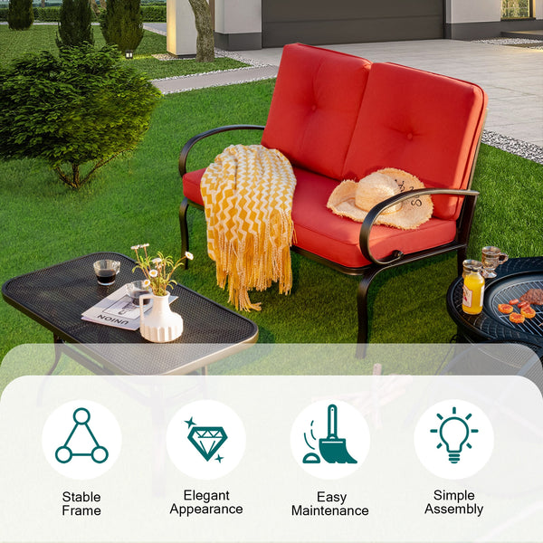 We present you this 2 pieces furniture set  comprising of a loveseat with cushions and a coffee table. Â  Seat yourself comfortably on the cotton cushion and have a great time! It's stable  durable and bears high load. It's an excellent pick wherever you'