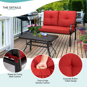 We present you this 2 pieces furniture set  comprising of a loveseat with cushions and a coffee table. Â  Seat yourself comfortably on the cotton cushion and have a great time! It's stable  durable and bears high load. It's an excellent pick wherever you'