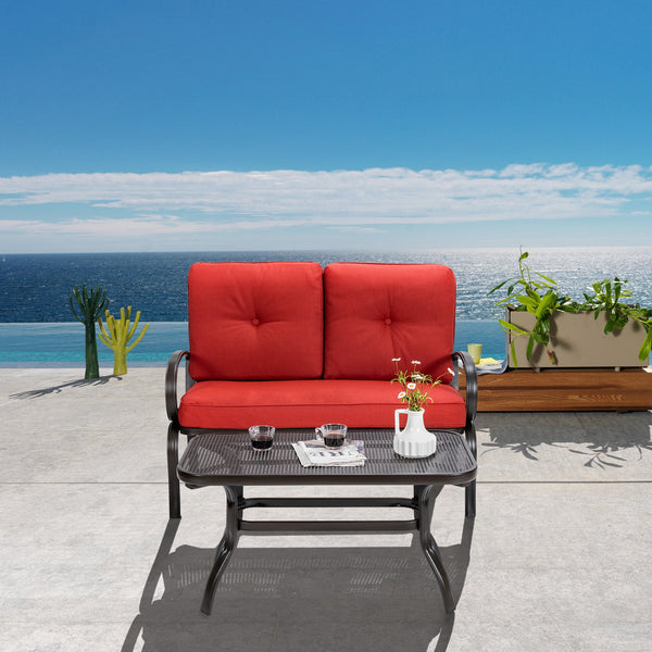 We present you this 2 pieces furniture set  comprising of a loveseat with cushions and a coffee table. Â  Seat yourself comfortably on the cotton cushion and have a great time! It's stable  durable and bears high load. It's an excellent pick wherever you'