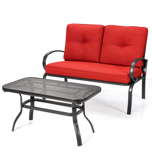 We present you this 2 pieces furniture set  comprising of a loveseat with cushions and a coffee table. Â  Seat yourself comfortably on the cotton cushion and have a great time! It's stable  durable and bears high load. It's an excellent pick wherever you'