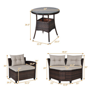The sturdy and durable steel frame ensures sturdiness of the set<br>Tight and hand-woven rattan can withstand moderate rain or wind<br>Thick and soft cushion with a high-density sponge for your hip and back<br>Cover with the zipper of the seat cushion is 