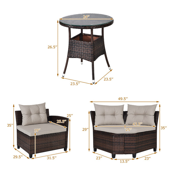 The sturdy and durable steel frame ensures sturdiness of the set<br>Tight and hand-woven rattan can withstand moderate rain or wind<br>Thick and soft cushion with a high-density sponge for your hip and back<br>Cover with the zipper of the seat cushion is 