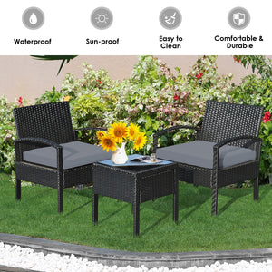 This rattan patio conversation set which will provide you a comfortable experience in your leisure time. Â  This set of outdoor furniture is made of high-quality rattan and strong steel  which is durable and has a long service life. The thick soft cushion
