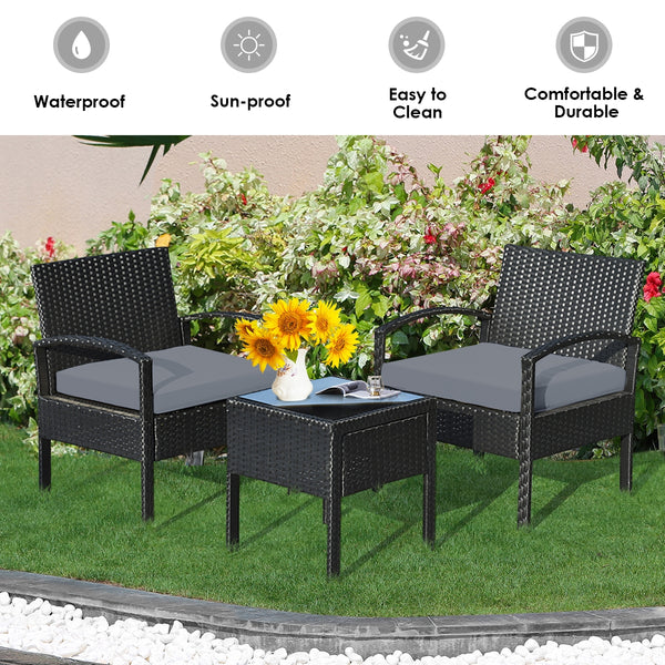 This rattan patio conversation set which will provide you a comfortable experience in your leisure time. Â  This set of outdoor furniture is made of high-quality rattan and strong steel  which is durable and has a long service life. The thick soft cushion