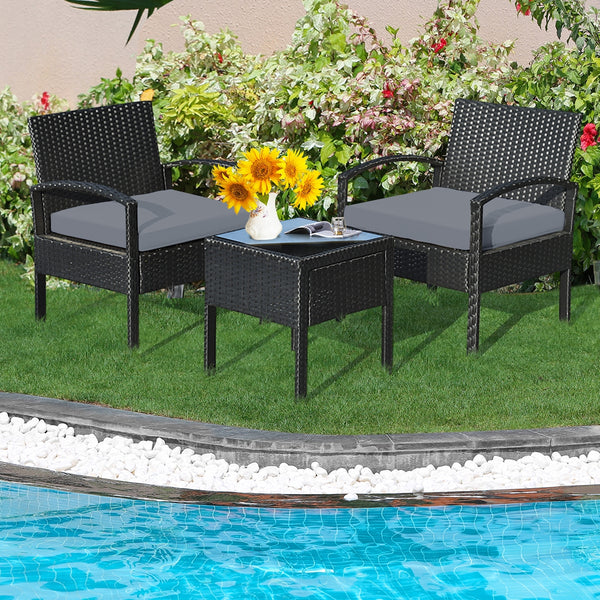 This rattan patio conversation set which will provide you a comfortable experience in your leisure time. Â  This set of outdoor furniture is made of high-quality rattan and strong steel  which is durable and has a long service life. The thick soft cushion