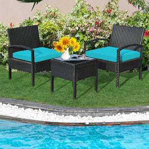 This rattan patio conversation set which will provide you a comfortable experience in your leisure time. Â  This set of outdoor furniture is made of high-quality rattan and strong steel  which is durable and has a long service life. The thick soft cushion