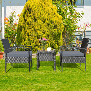 This rattan patio conversation set which will provide you a comfortable experience in your leisure time. Â  This set of outdoor furniture is made of high-quality rattan and strong steel  which is durable and has a long service life. The thick soft cushion