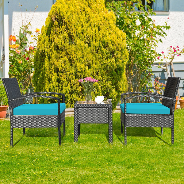 This rattan patio conversation set which will provide you a comfortable experience in your leisure time. Â  This set of outdoor furniture is made of high-quality rattan and strong steel  which is durable and has a long service life. The thick soft cushion