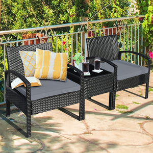 This rattan patio conversation set which will provide you a comfortable experience in your leisure time. Â  This set of outdoor furniture is made of high-quality rattan and strong steel  which is durable and has a long service life. The thick soft cushion