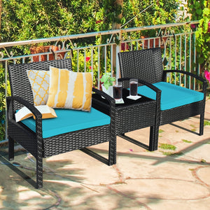 This rattan patio conversation set which will provide you a comfortable experience in your leisure time. Â  This set of outdoor furniture is made of high-quality rattan and strong steel  which is durable and has a long service life. The thick soft cushion