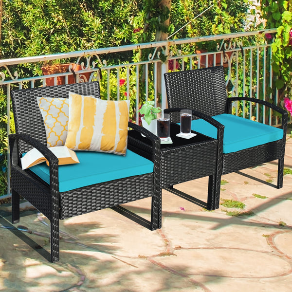 This rattan patio conversation set which will provide you a comfortable experience in your leisure time. Â  This set of outdoor furniture is made of high-quality rattan and strong steel  which is durable and has a long service life. The thick soft cushion