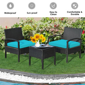 This rattan patio conversation set which will provide you a comfortable experience in your leisure time. Â  This set of outdoor furniture is made of high-quality rattan and strong steel  which is durable and has a long service life. The thick soft cushion