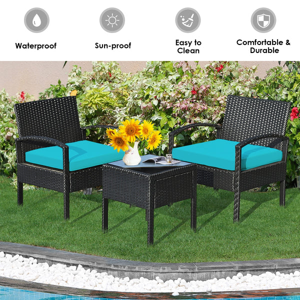This rattan patio conversation set which will provide you a comfortable experience in your leisure time. Â  This set of outdoor furniture is made of high-quality rattan and strong steel  which is durable and has a long service life. The thick soft cushion