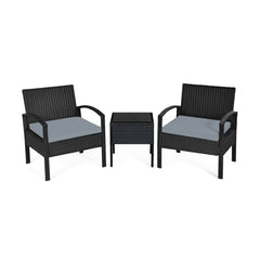 This rattan patio conversation set which will provide you a comfortable experience in your leisure time. Â  This set of outdoor furniture is made of high-quality rattan and strong steel  which is durable and has a long service life. The thick soft cushion