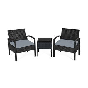 This rattan patio conversation set which will provide you a comfortable experience in your leisure time. Â  This set of outdoor furniture is made of high-quality rattan and strong steel  which is durable and has a long service life. The thick soft cushion