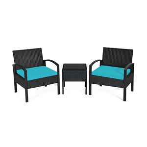 This rattan patio conversation set which will provide you a comfortable experience in your leisure time. Â  This set of outdoor furniture is made of high-quality rattan and strong steel  which is durable and has a long service life. The thick soft cushion