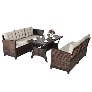 This sofa set provides you with the most comfortable casual experience! Â  The sturdy steel frame makes this set strong enough to be your long-term choice. Exquisite rattan with strong toughness will also give you a good touch. The soft sponge cushion can