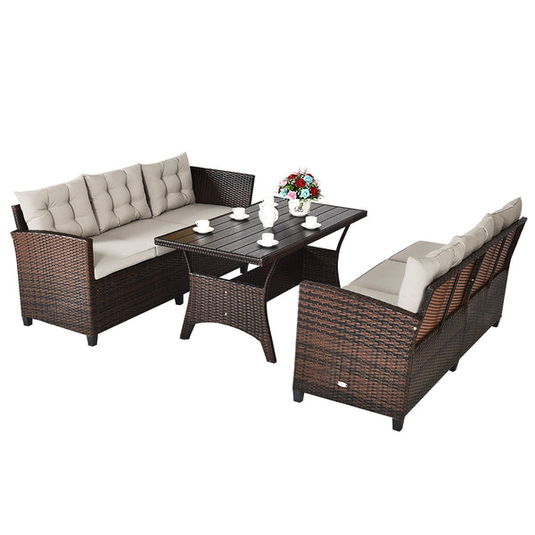 This sofa set provides you with the most comfortable casual experience! Â  The sturdy steel frame makes this set strong enough to be your long-term choice. Exquisite rattan with strong toughness will also give you a good touch. The soft sponge cushion can