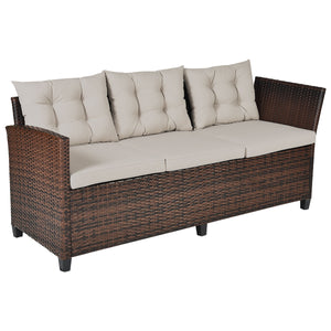 This sofa set provides you with the most comfortable casual experience! Â  The sturdy steel frame makes this set strong enough to be your long-term choice. Exquisite rattan with strong toughness will also give you a good touch. The soft sponge cushion can