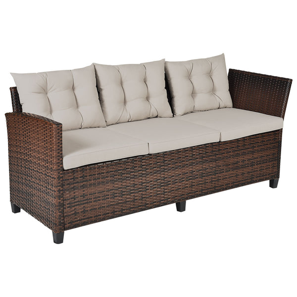 This sofa set provides you with the most comfortable casual experience! Â  The sturdy steel frame makes this set strong enough to be your long-term choice. Exquisite rattan with strong toughness will also give you a good touch. The soft sponge cushion can