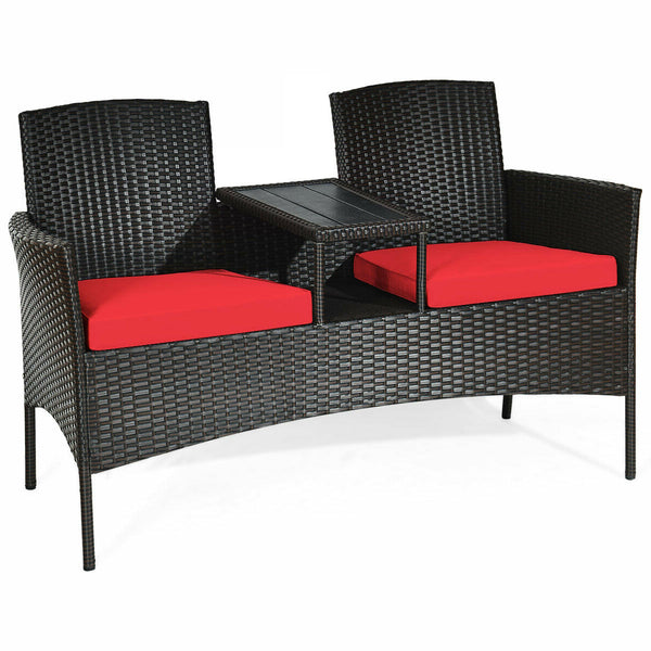 Made of high quality rattan with strong built-in frame structure<br>Poly table top is durable and safe to use<br>Trapezoid coffee table between two seats is practical<br>Cozy thick cushions double your comfy<br>The cushion cover with zipper is removable a