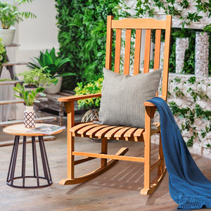 This patio rocking chair can bring a brand new experience to your miniature garden! Â  The image of you is drinking a cup of tea and appreciating your flowers lying on the outdoor rocking chair. This rocking chair is designed with a contoured slatted seat