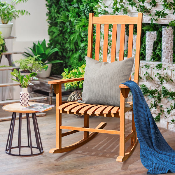 This patio rocking chair can bring a brand new experience to your miniature garden! Â  The image of you is drinking a cup of tea and appreciating your flowers lying on the outdoor rocking chair. This rocking chair is designed with a contoured slatted seat