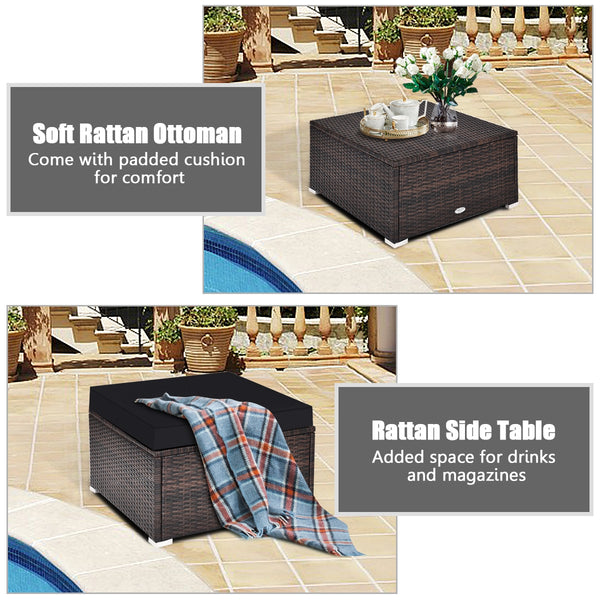 Includes 2 corner sofas  1armless table and 1 ottoman for versatile use<br>Sturdy powder-coated steel frame provides strong durability and stability<br>All-weather and wear-resistant PE rattan provides a long service life<br>Thick and soft sponge padded c