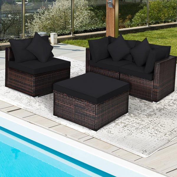 Includes 2 corner sofas  1armless table and 1 ottoman for versatile use<br>Sturdy powder-coated steel frame provides strong durability and stability<br>All-weather and wear-resistant PE rattan provides a long service life<br>Thick and soft sponge padded c