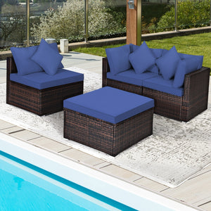 Includes 2 corner sofas  1armless table and 1 ottoman for versatile use<br>Sturdy powder-coated steel frame provides strong durability and stability<br>All-weather and wear-resistant PE rattan provides a long service life<br>Thick and soft sponge padded c