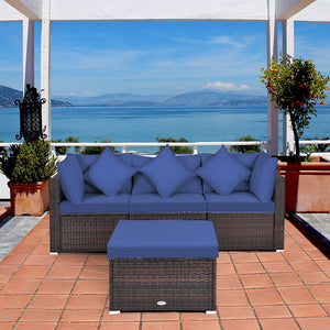Includes 2 corner sofas  1armless table and 1 ottoman for versatile use<br>Sturdy powder-coated steel frame provides strong durability and stability<br>All-weather and wear-resistant PE rattan provides a long service life<br>Thick and soft sponge padded c