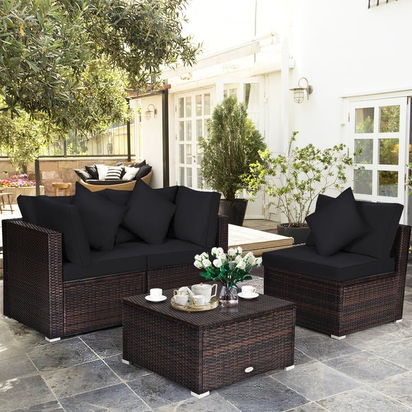 Includes 2 corner sofas  1armless table and 1 ottoman for versatile use<br>Sturdy powder-coated steel frame provides strong durability and stability<br>All-weather and wear-resistant PE rattan provides a long service life<br>Thick and soft sponge padded c