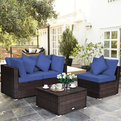 Includes 2 corner sofas  1armless table and 1 ottoman for versatile use<br>Sturdy powder-coated steel frame provides strong durability and stability<br>All-weather and wear-resistant PE rattan provides a long service life<br>Thick and soft sponge padded c