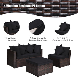 Includes 2 corner sofas  1armless table and 1 ottoman for versatile use<br>Sturdy powder-coated steel frame provides strong durability and stability<br>All-weather and wear-resistant PE rattan provides a long service life<br>Thick and soft sponge padded c
