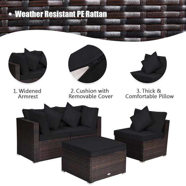 Includes 2 corner sofas  1armless table and 1 ottoman for versatile use<br>Sturdy powder-coated steel frame provides strong durability and stability<br>All-weather and wear-resistant PE rattan provides a long service life<br>Thick and soft sponge padded c