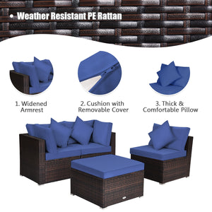 Includes 2 corner sofas  1armless table and 1 ottoman for versatile use<br>Sturdy powder-coated steel frame provides strong durability and stability<br>All-weather and wear-resistant PE rattan provides a long service life<br>Thick and soft sponge padded c
