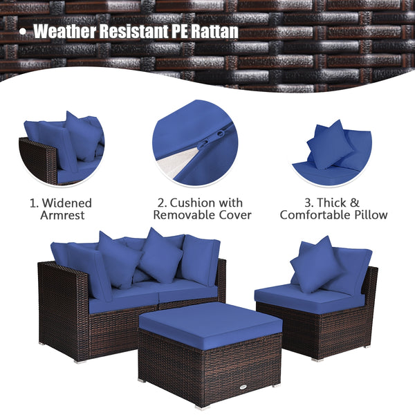 Includes 2 corner sofas  1armless table and 1 ottoman for versatile use<br>Sturdy powder-coated steel frame provides strong durability and stability<br>All-weather and wear-resistant PE rattan provides a long service life<br>Thick and soft sponge padded c