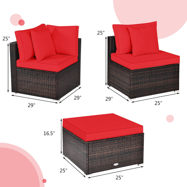 Includes 2 corner sofas  1armless table and 1 ottoman for versatile use<br>Sturdy powder-coated steel frame provides strong durability and stability<br>All-weather and wear-resistant PE rattan provides a long service life<br>Thick and soft sponge padded c