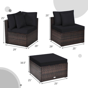 Includes 2 corner sofas  1armless table and 1 ottoman for versatile use<br>Sturdy powder-coated steel frame provides strong durability and stability<br>All-weather and wear-resistant PE rattan provides a long service life<br>Thick and soft sponge padded c