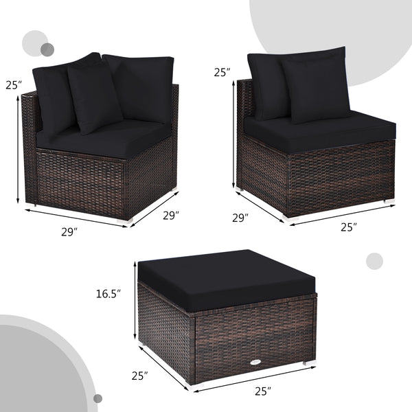 Includes 2 corner sofas  1armless table and 1 ottoman for versatile use<br>Sturdy powder-coated steel frame provides strong durability and stability<br>All-weather and wear-resistant PE rattan provides a long service life<br>Thick and soft sponge padded c